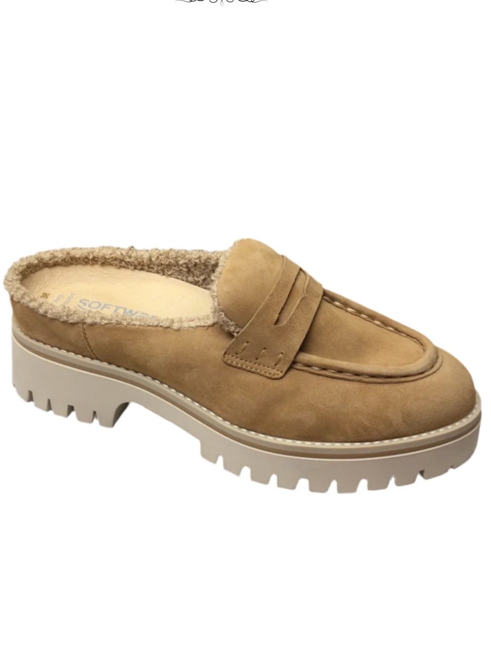 SOFTWAVES Vail Tan Suede Shearling Fur Lined Loafer Mule Clogs NIB Sz 40